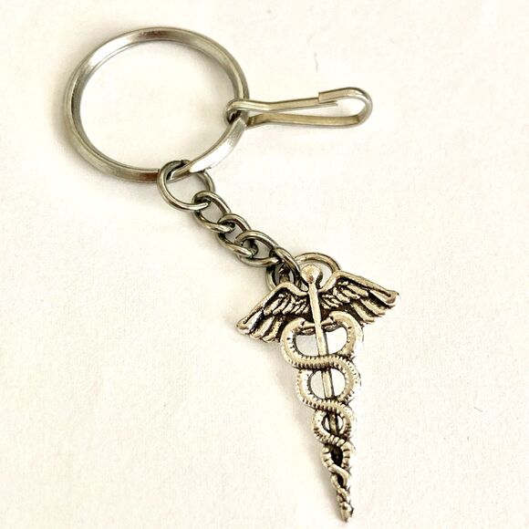 Silver Caduceus Keychain Keyring Medical Nursing Gift MD RN LPN DO ARNP - Picture 3 of 8